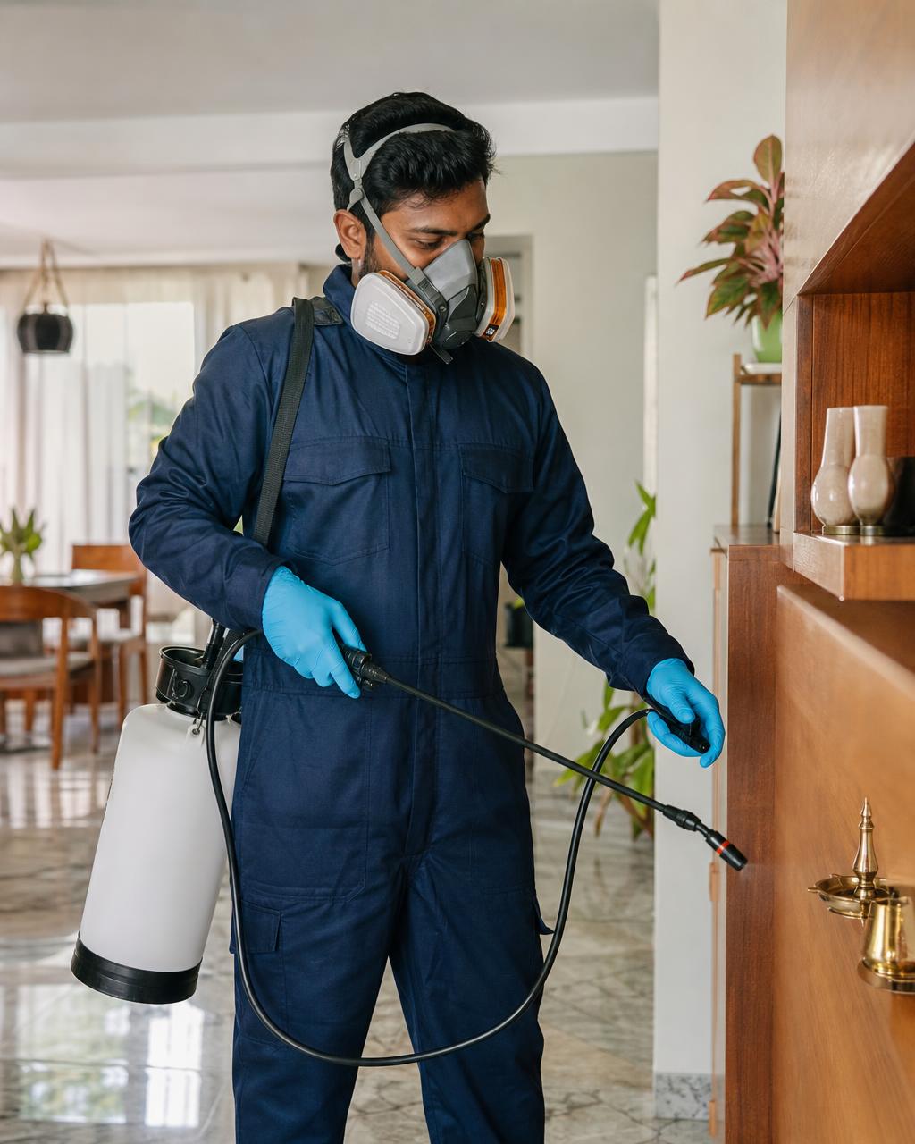 Technician in protective gear fogging a room during pest treatment
